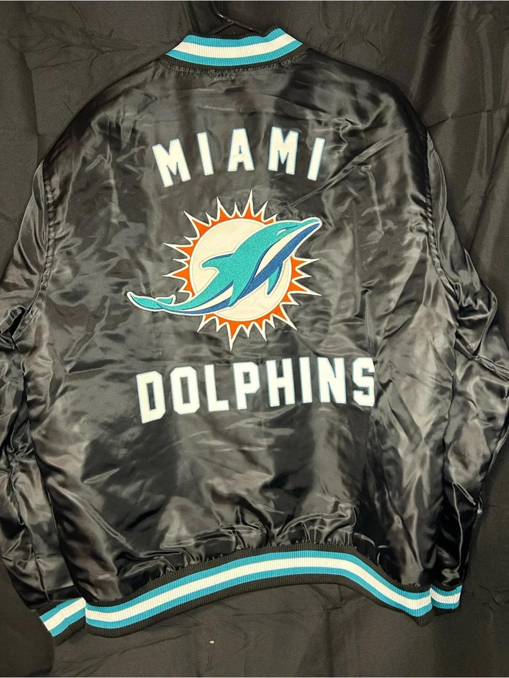 NFL Miami Dolphins Black Satin Jacket with Teal & White Script